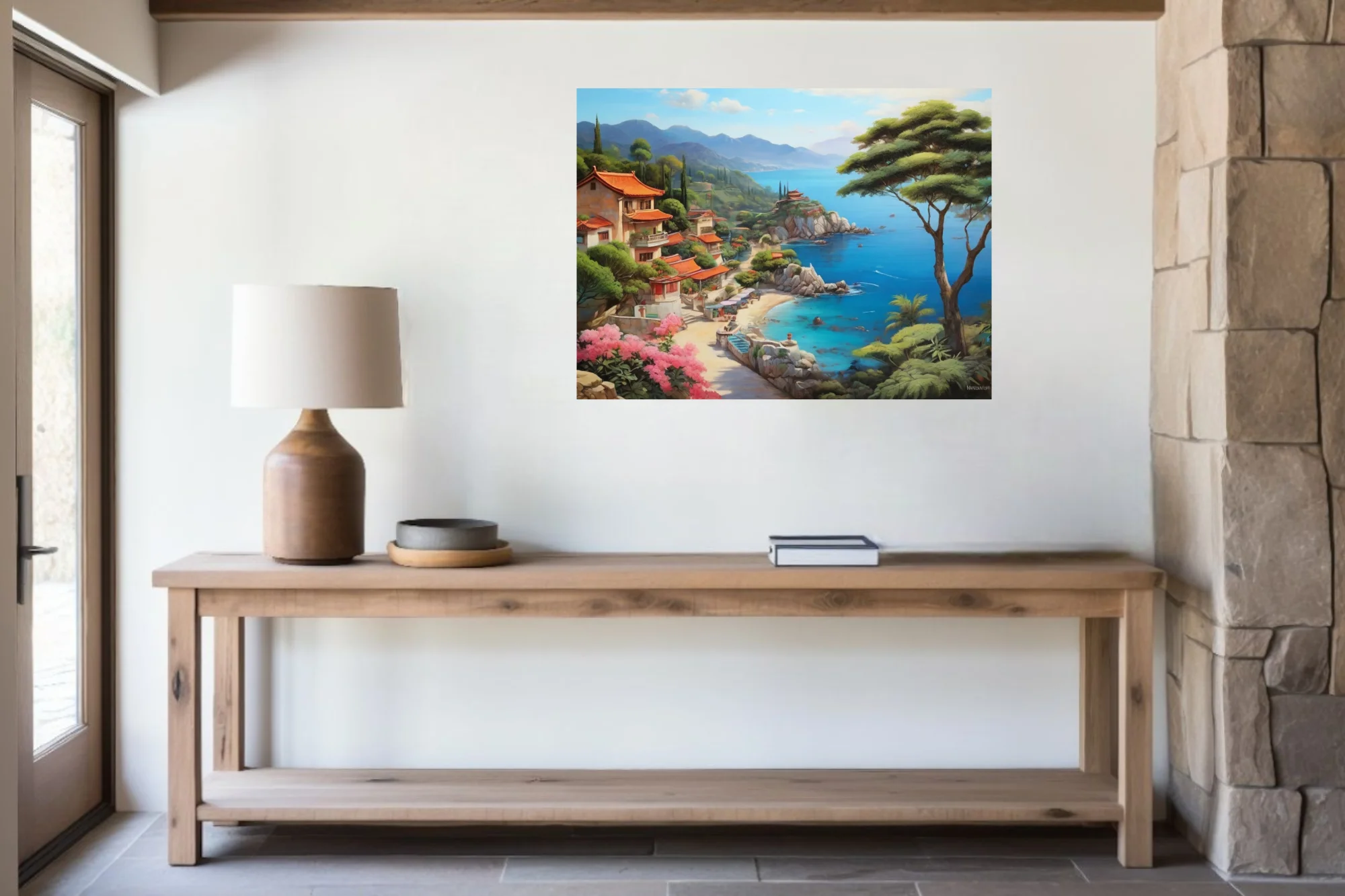 Asian coastal village painting, turquoise bay, terracotta roofs, lush cliffside greenery