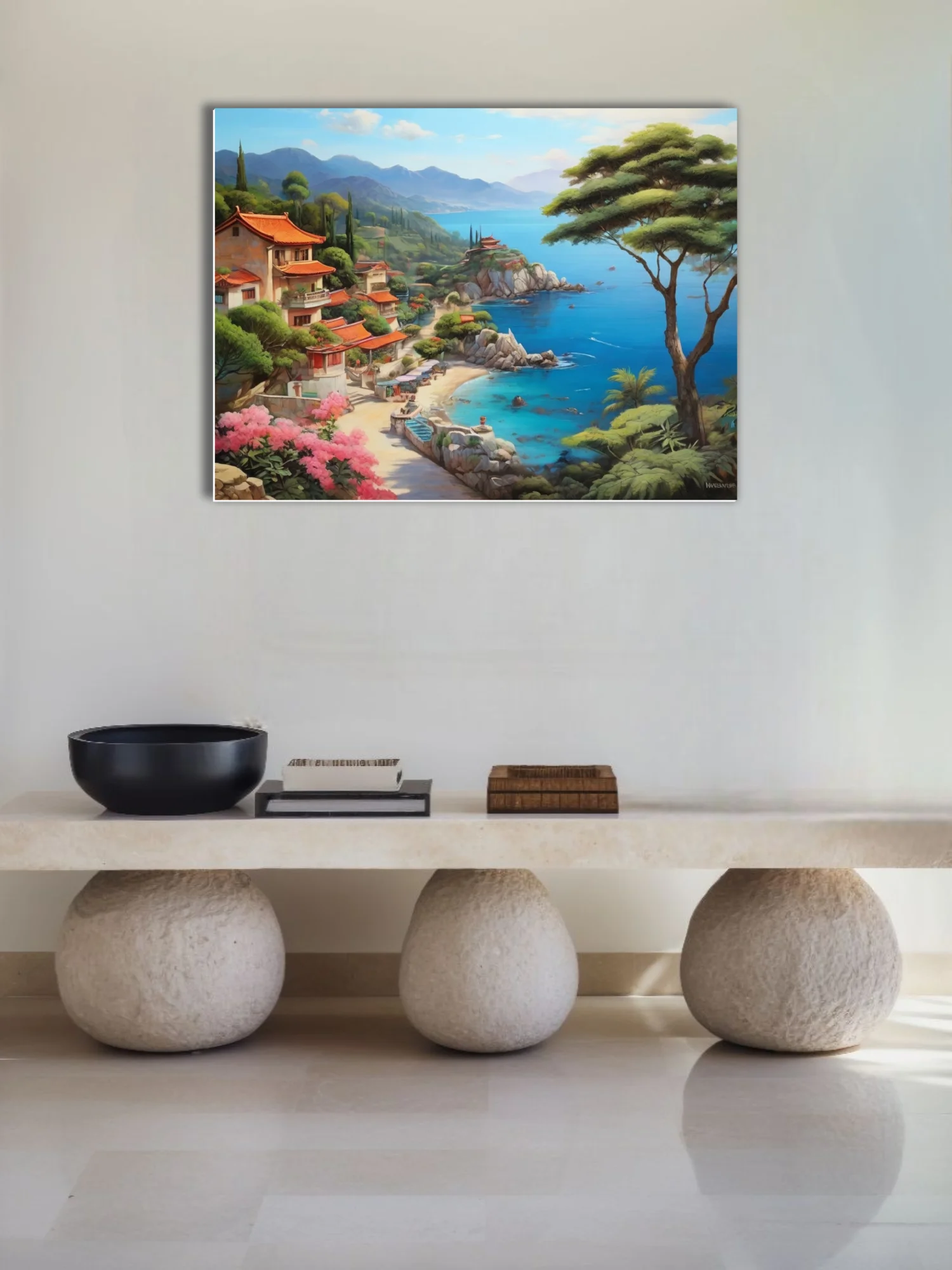Asian coastal village painting, turquoise bay, terracotta roofs, lush cliffside greenery