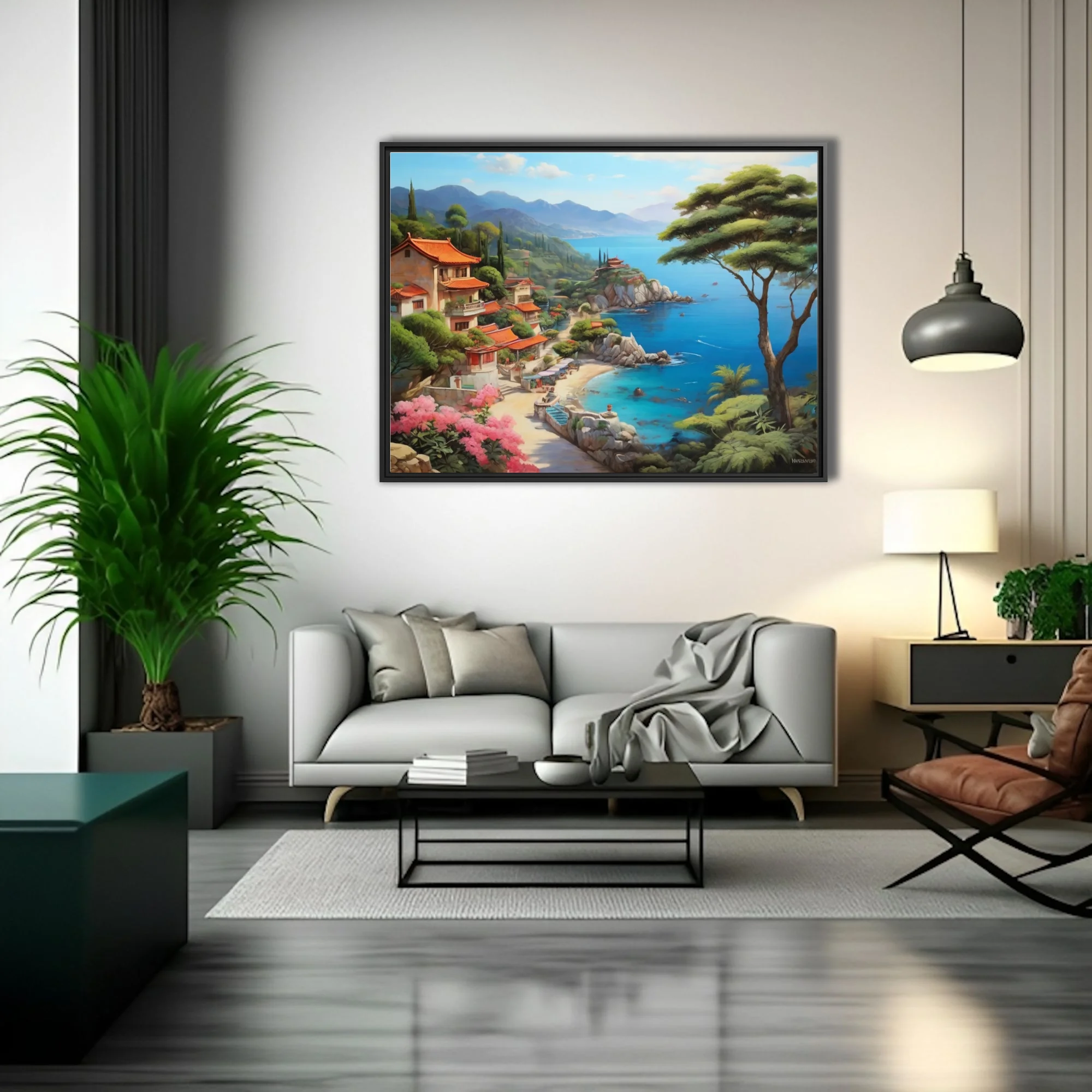 Asian coastal village painting, turquoise bay, terracotta roofs, lush cliffside greenery