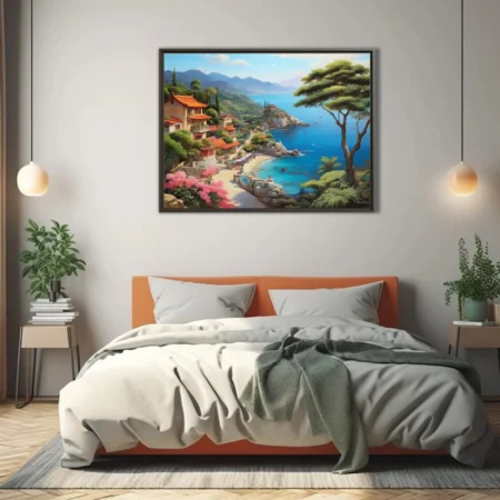Asian coastal village painting, turquoise bay, terracotta roofs, lush cliffside greenery
