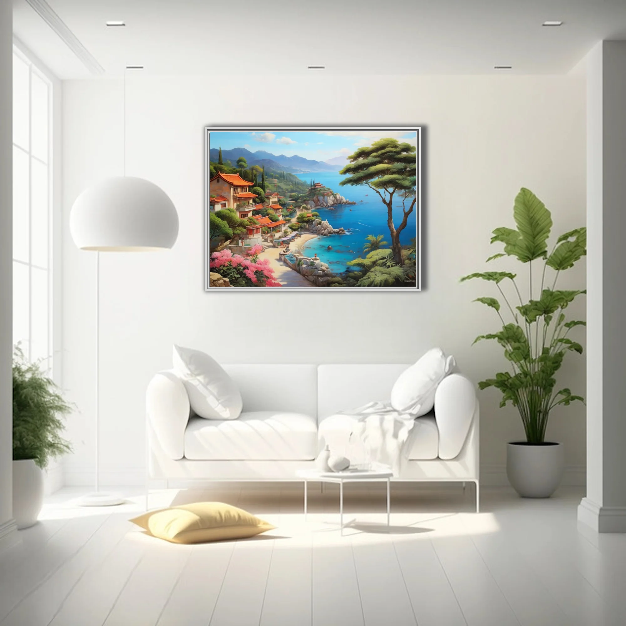 Asian coastal village painting, turquoise bay, terracotta roofs, lush cliffside greenery