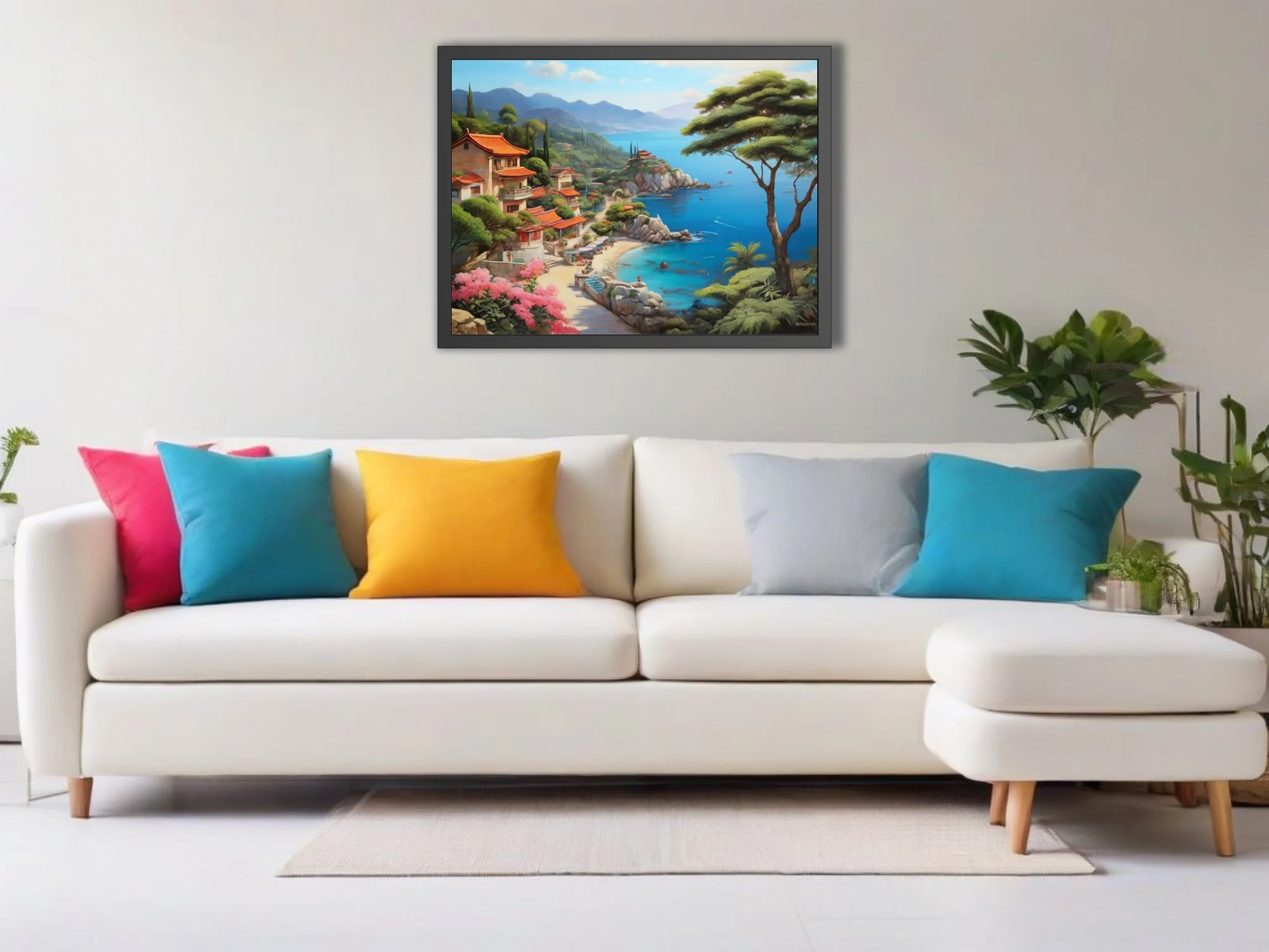 Asian coastal village painting, turquoise bay, terracotta roofs, lush cliffside greenery