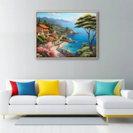 Asian coastal village painting, turquoise bay, terracotta roofs, lush cliffside greenery