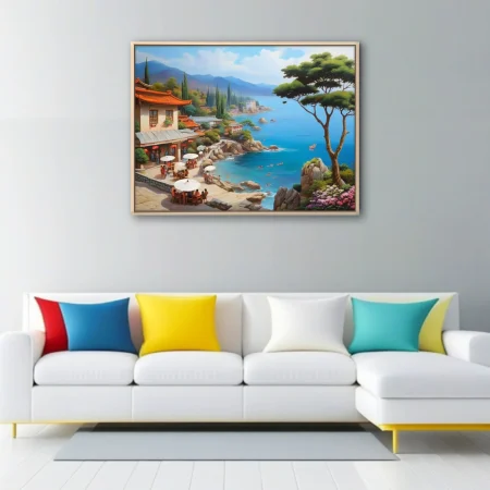 Chinese coastal village scene with turquoise sea, terracotta roofs, and lush greenery