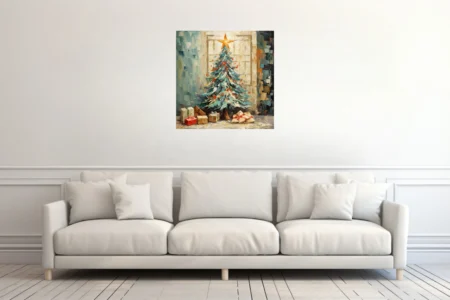 Christmas tree with star topper and gifts in teal, cream, and red