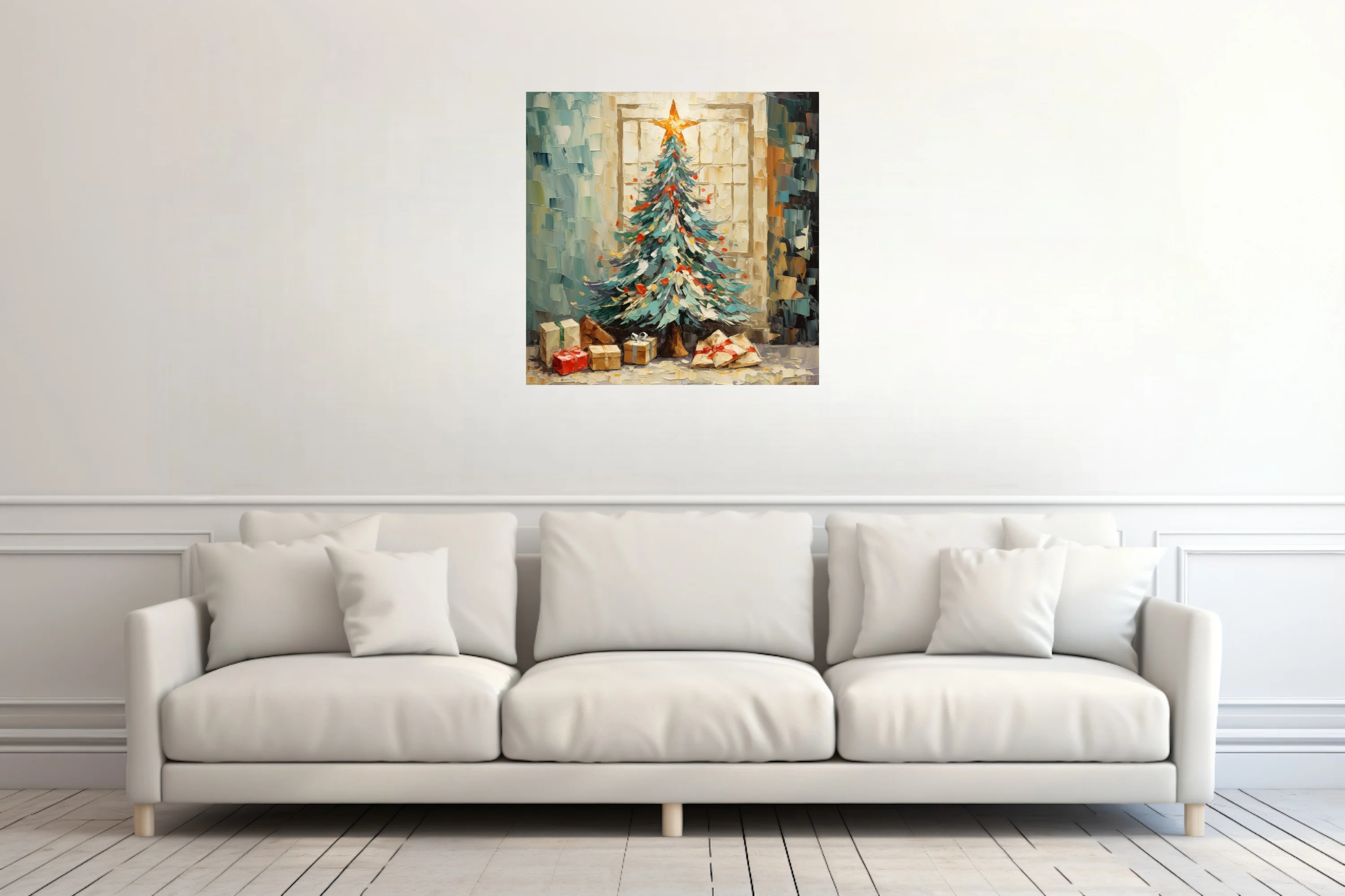 Christmas tree with star topper and gifts in teal, cream, and red