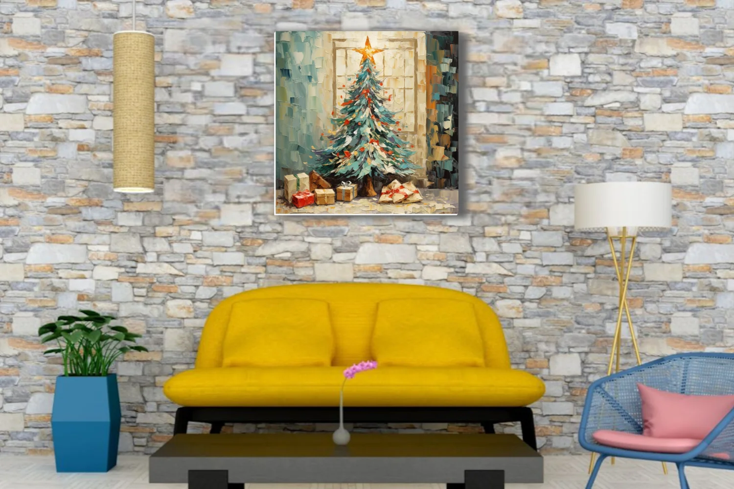 Christmas tree with star topper and gifts in teal, cream, and red