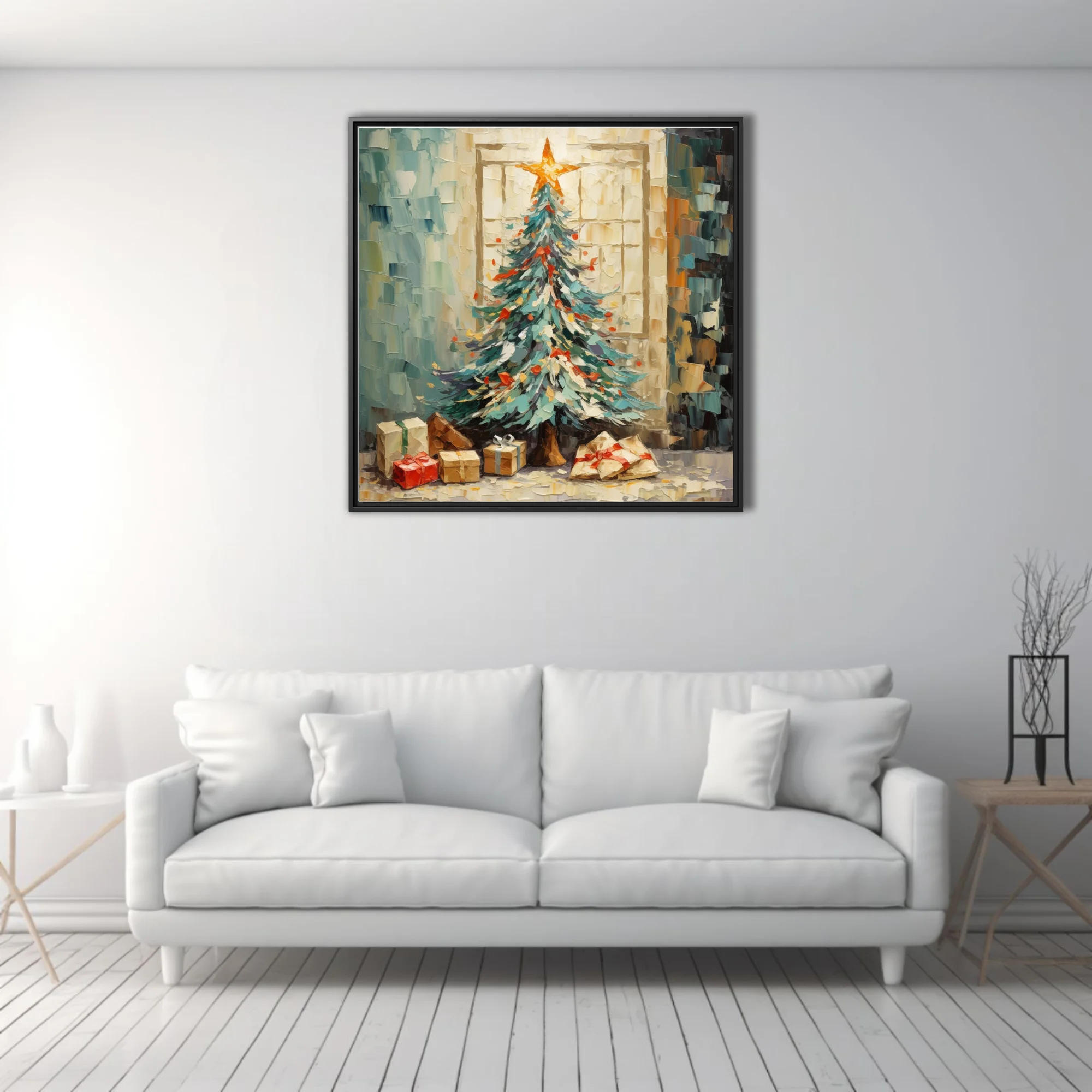 Christmas tree with star topper and gifts in teal, cream, and red