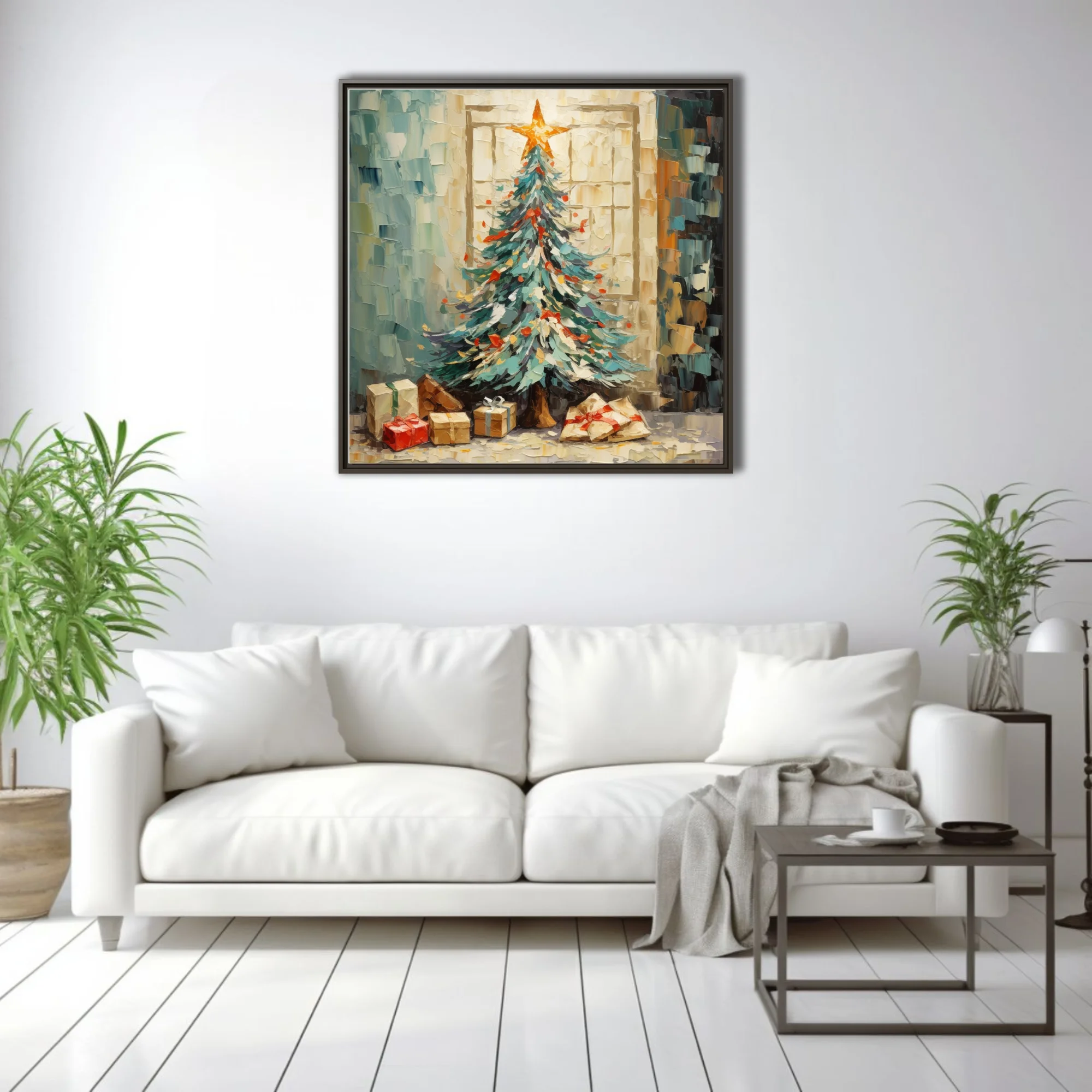Christmas tree with star topper and gifts in teal, cream, and red