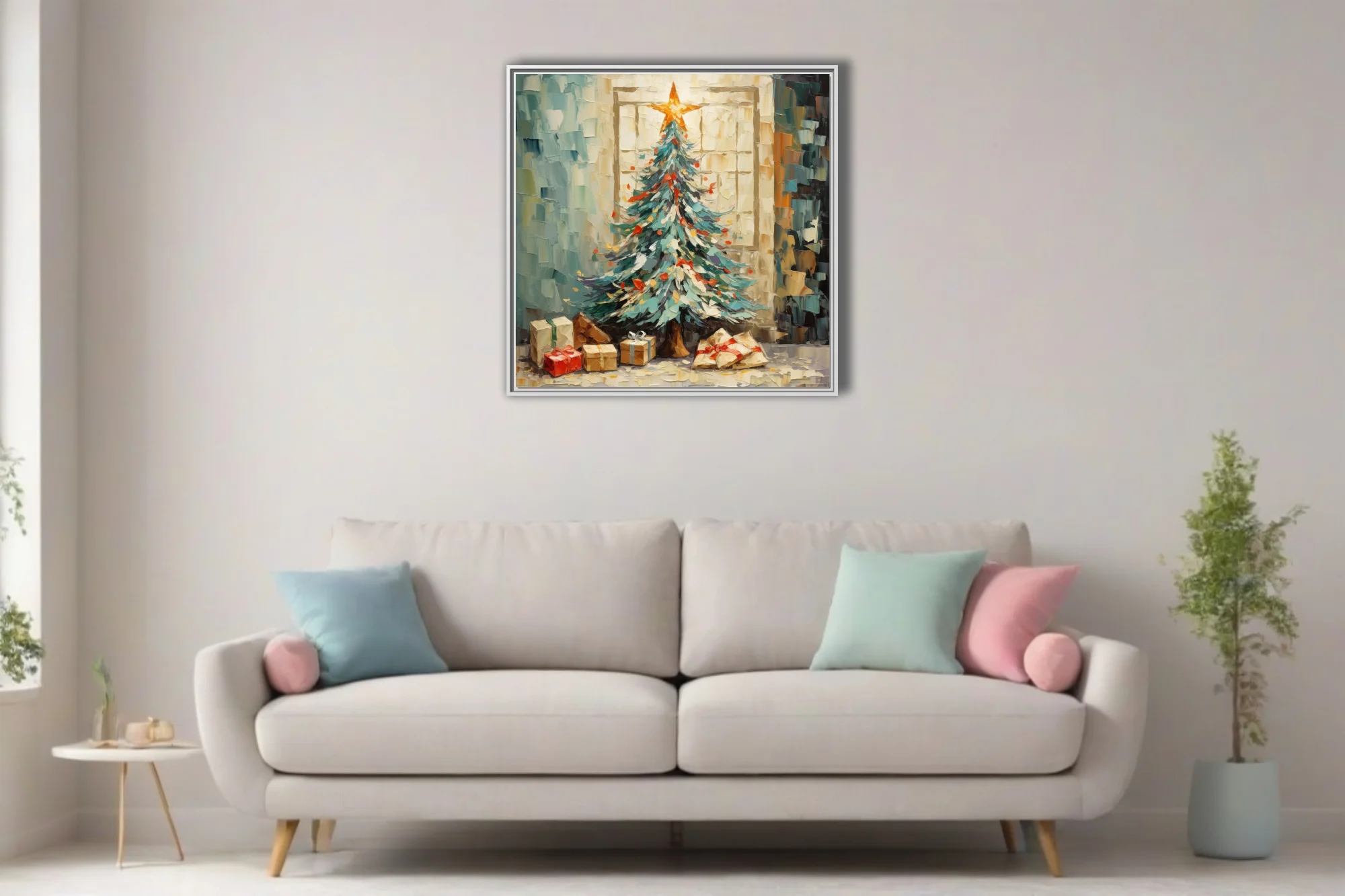 Christmas tree with star topper and gifts in teal, cream, and red