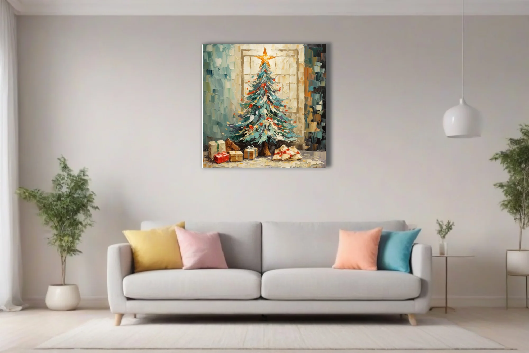 Christmas tree with star topper and gifts in teal, cream, and red