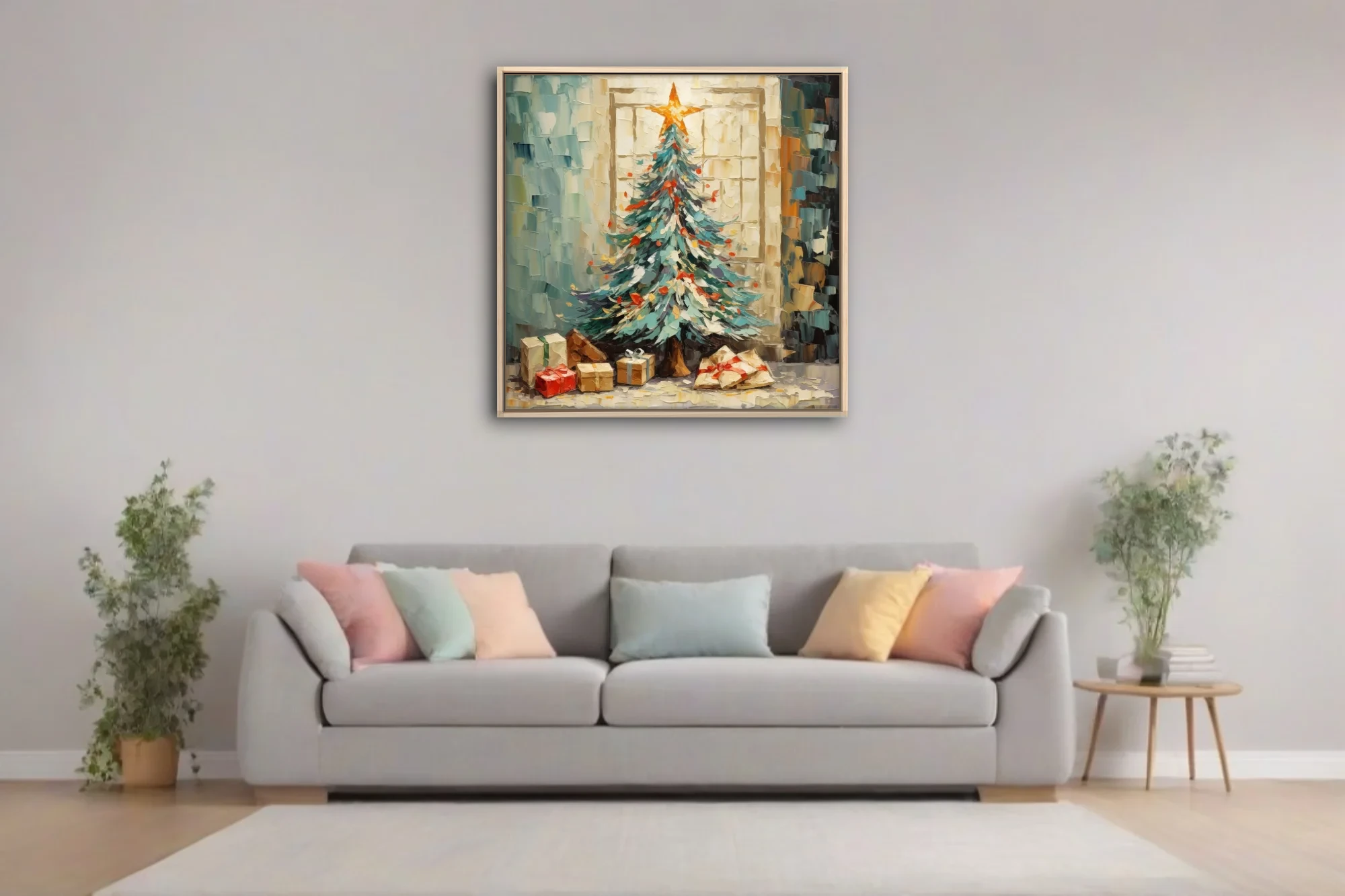 Christmas tree with star topper and gifts in teal, cream, and red