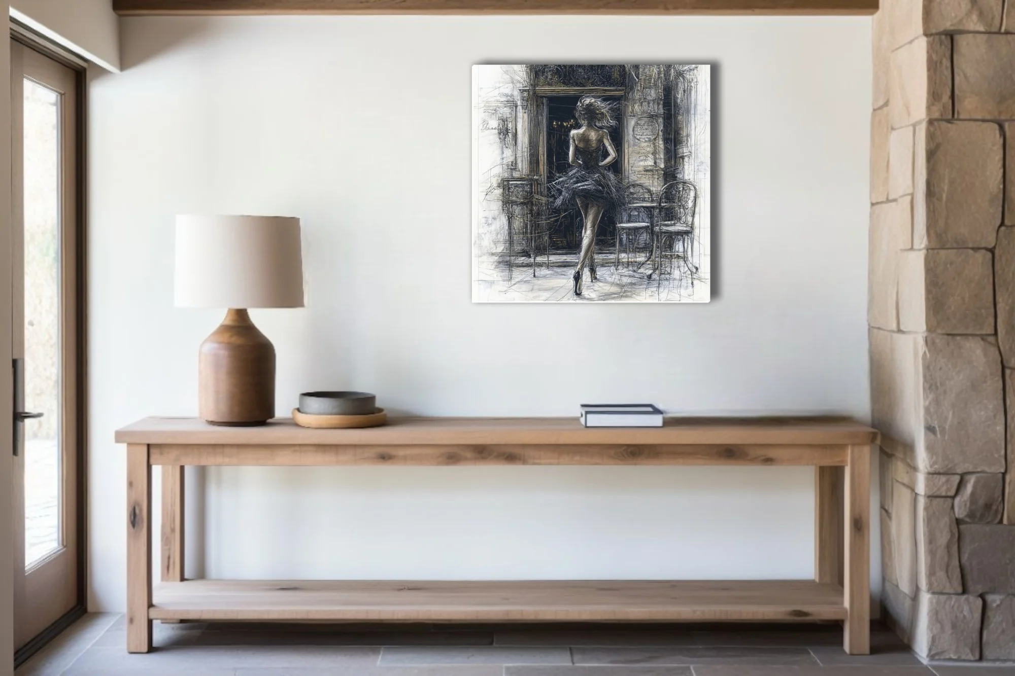 Ink-style illustration of a woman in a black dress entering an ornate doorway