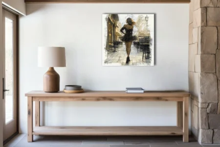 Sketch-style illustration of a ballet-tutu figure on a European street, golden tones