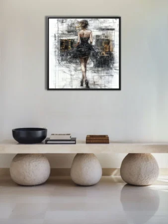 Sketch-style illustration, woman in black dress, urban café scene, ink textures