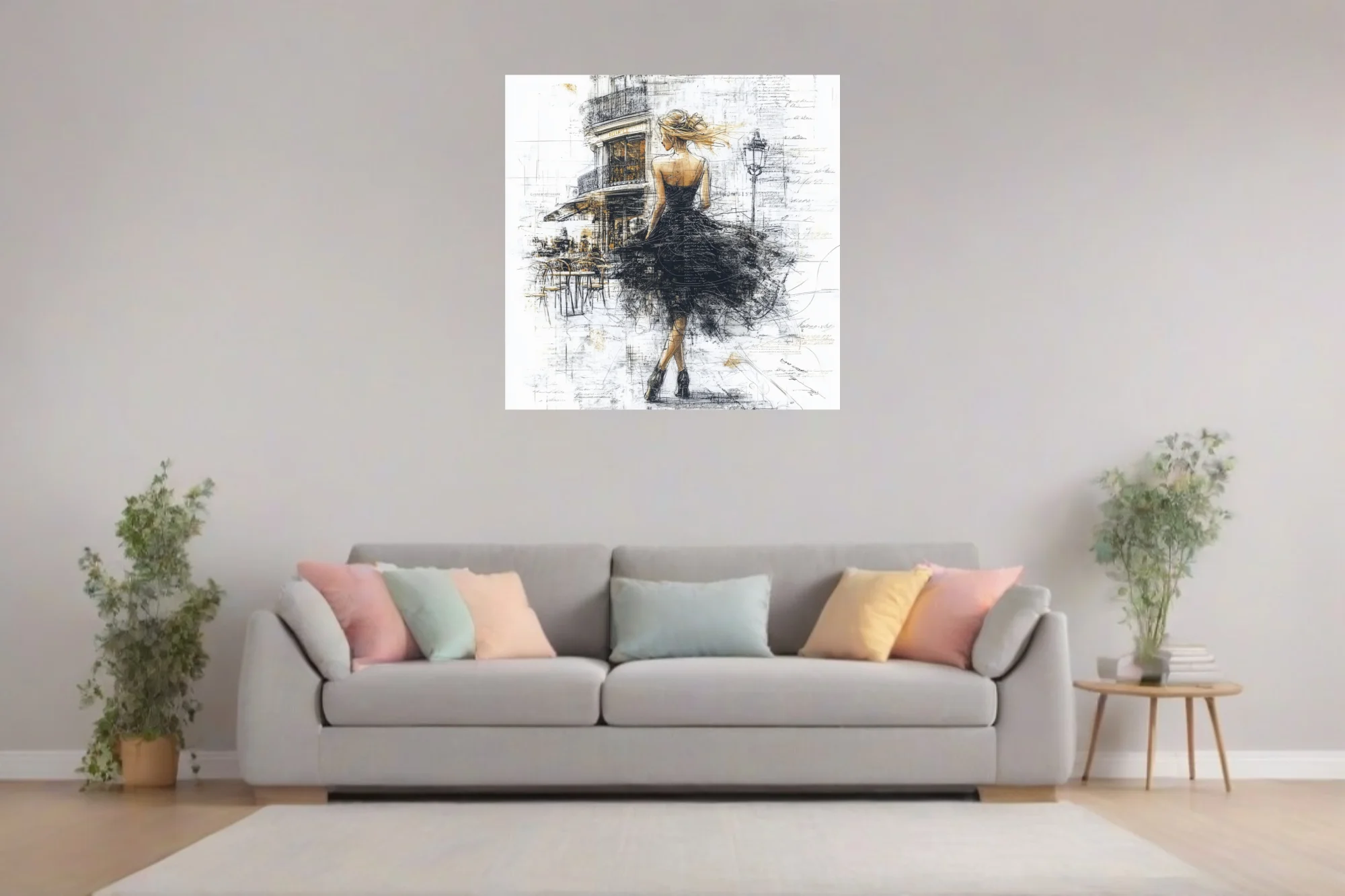 Expressive ink-styleillustration, figure in black dress on Parisian street, gold accents