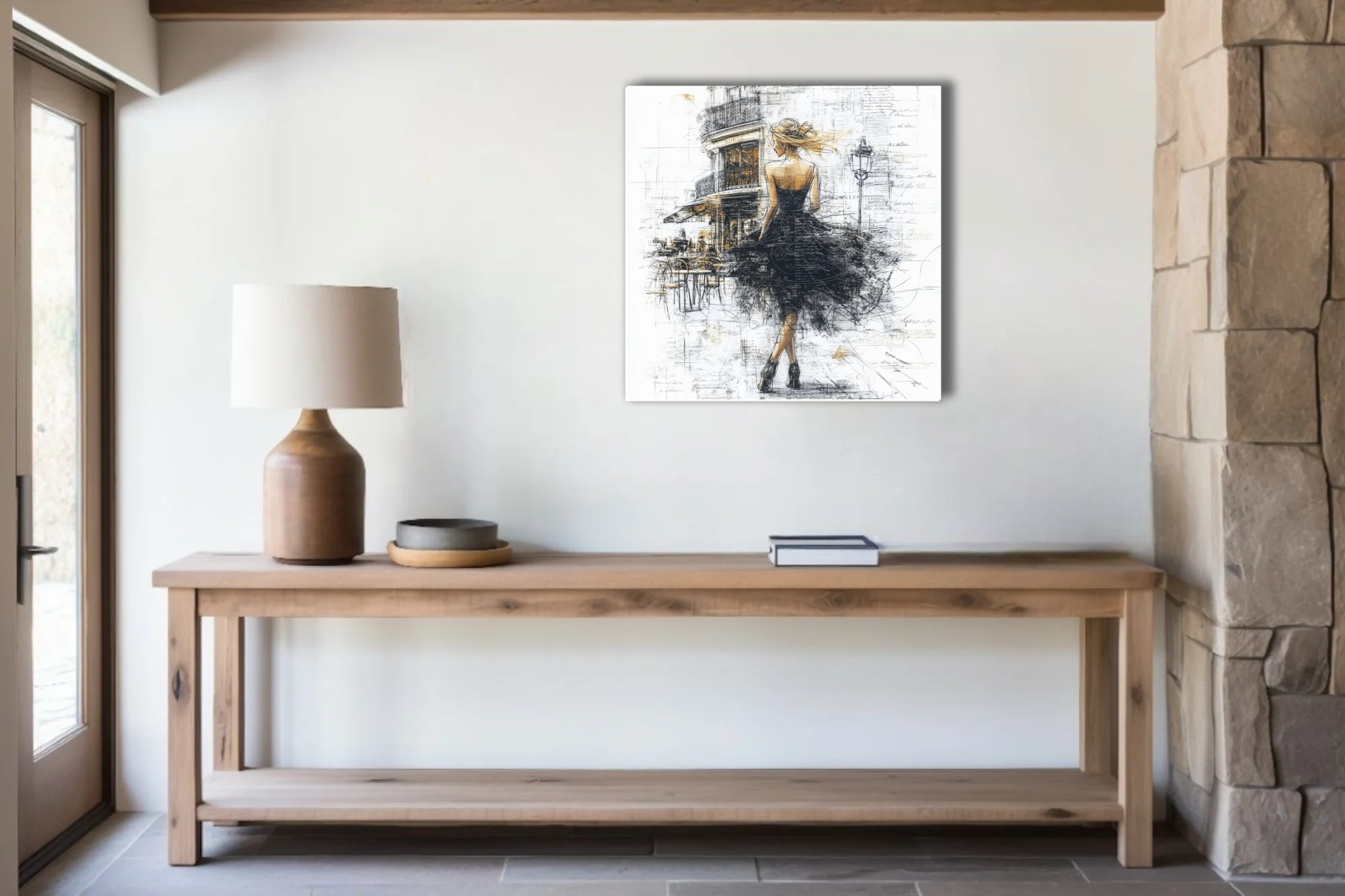 Expressive ink-styleillustration, figure in black dress on Parisian street, gold accents