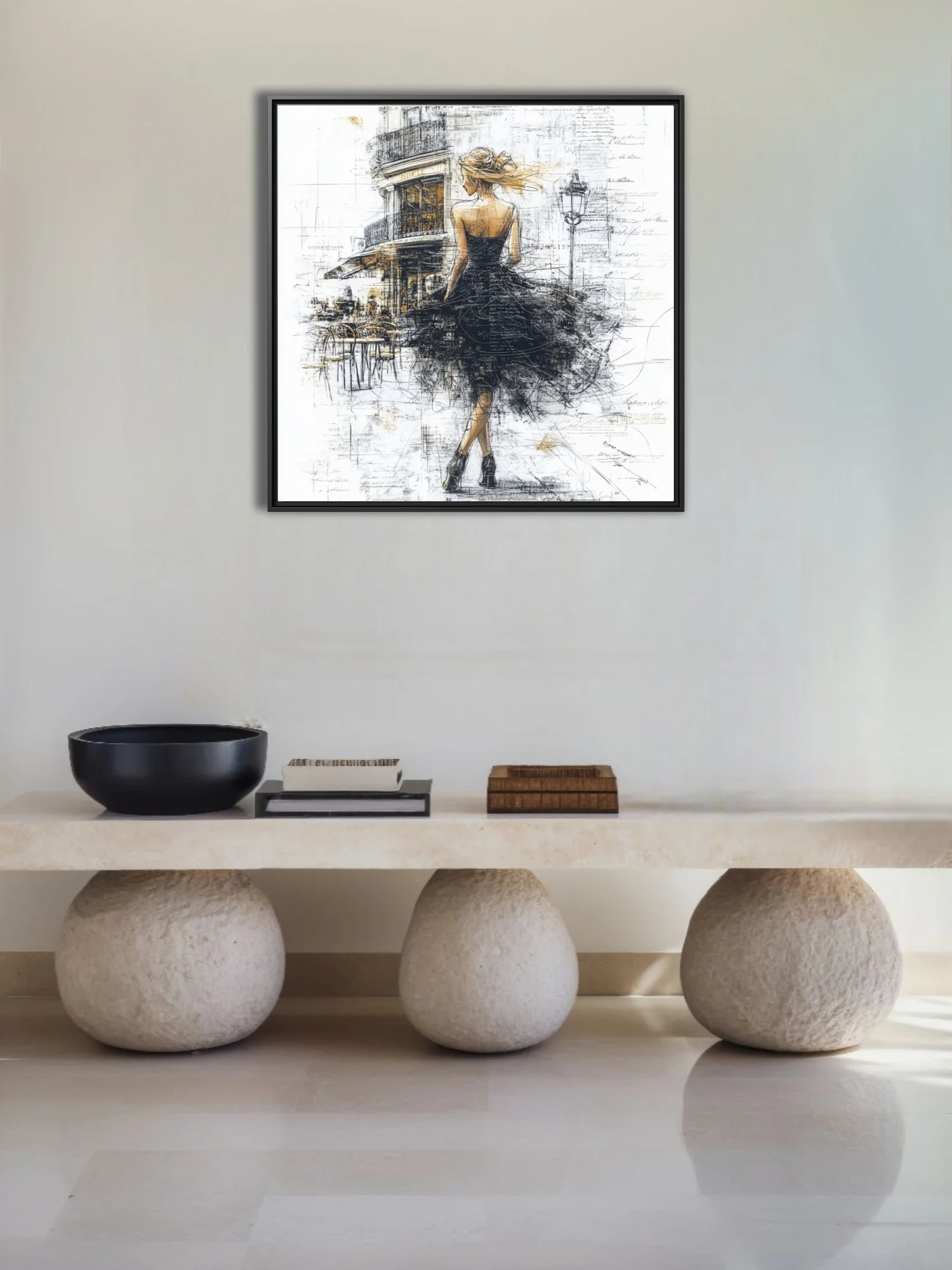 Expressive ink-styleillustration, figure in black dress on Parisian street, gold accents