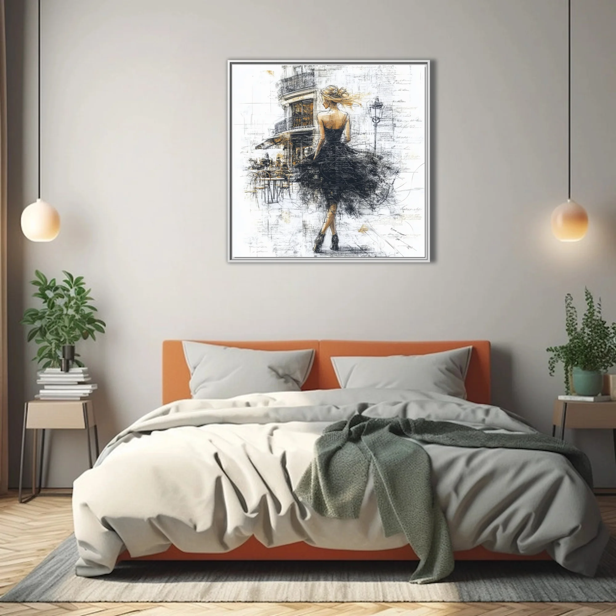 Expressive ink-styleillustration, figure in black dress on Parisian street, gold accents