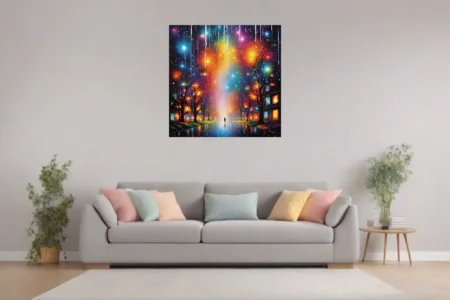 Dreamlike cosmic cityscape with figure, rainbow nebula sky, glowing trees, wet street reflections