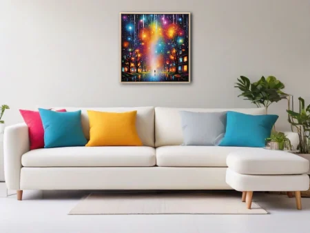 Dreamlike cosmic cityscape with figure, rainbow nebula sky, glowing trees, wet street reflections