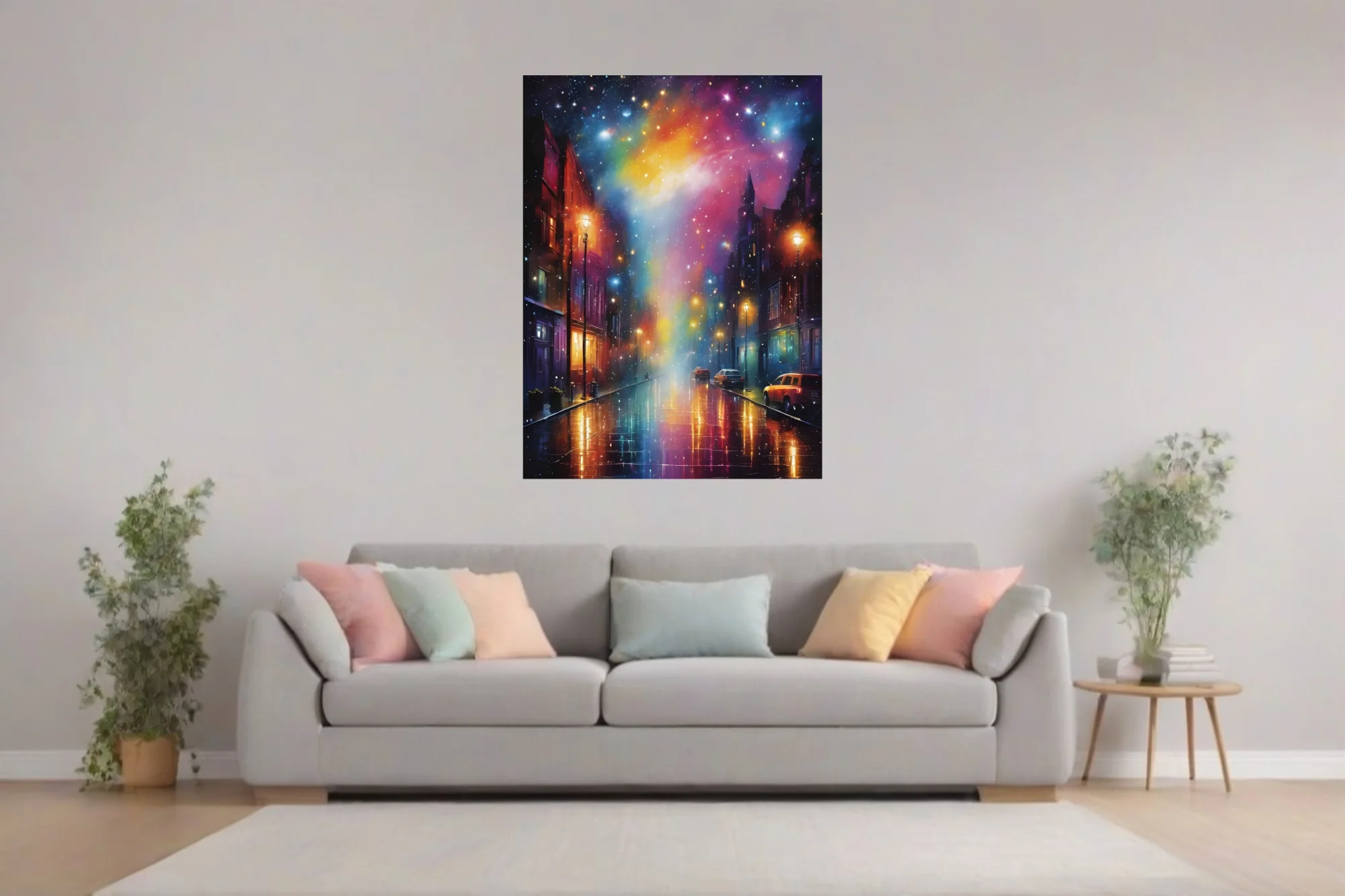 Dreamlike night cityscape with cosmic nebula sky and rain-reflective street lights