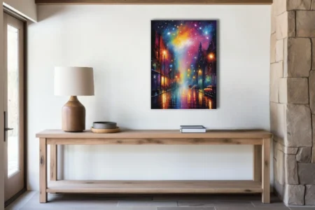 Dreamlike night cityscape with cosmic nebula sky and rain-reflective street lights