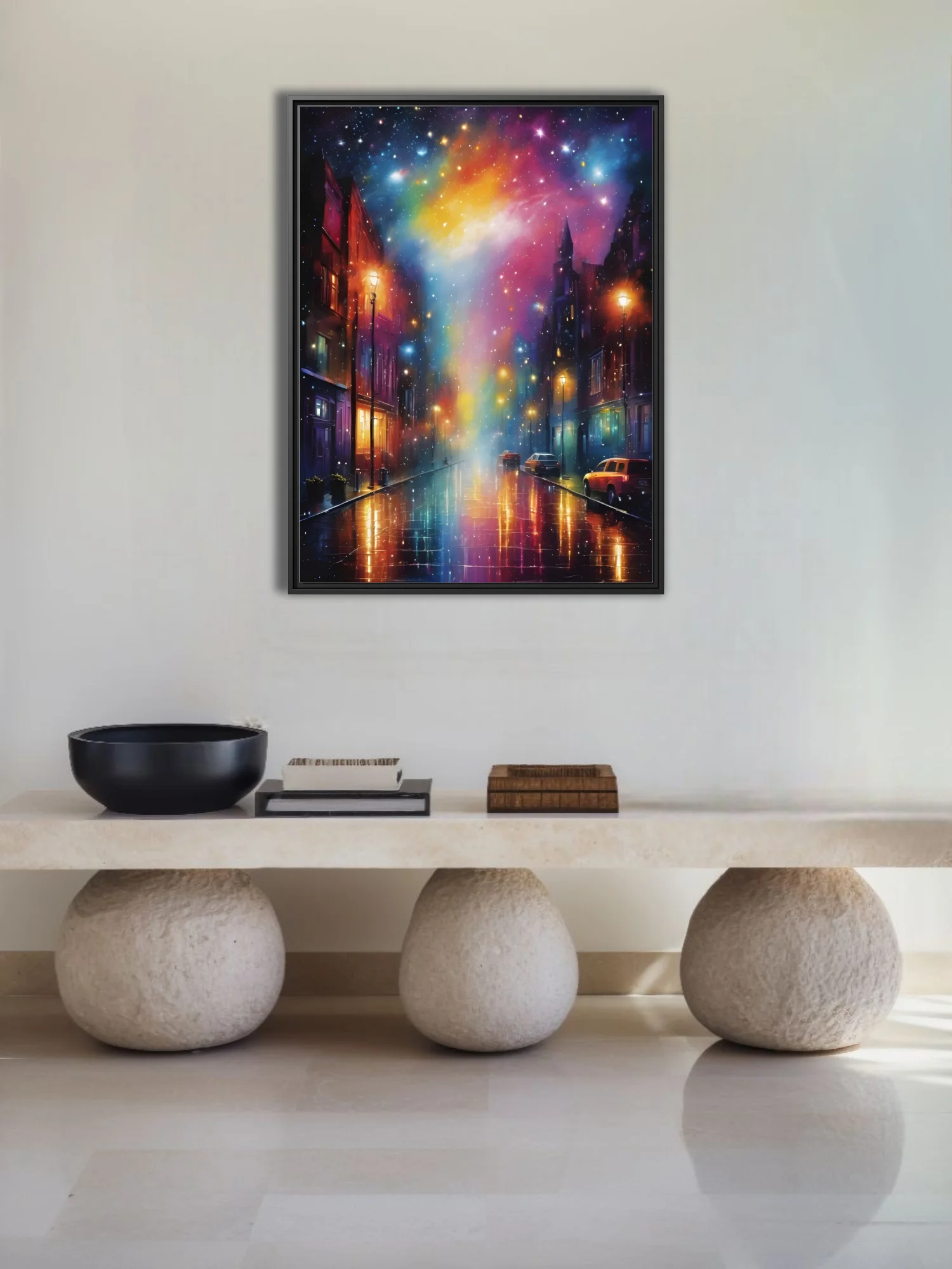 Dreamlike night cityscape with cosmic nebula sky and rain-reflective street lights
