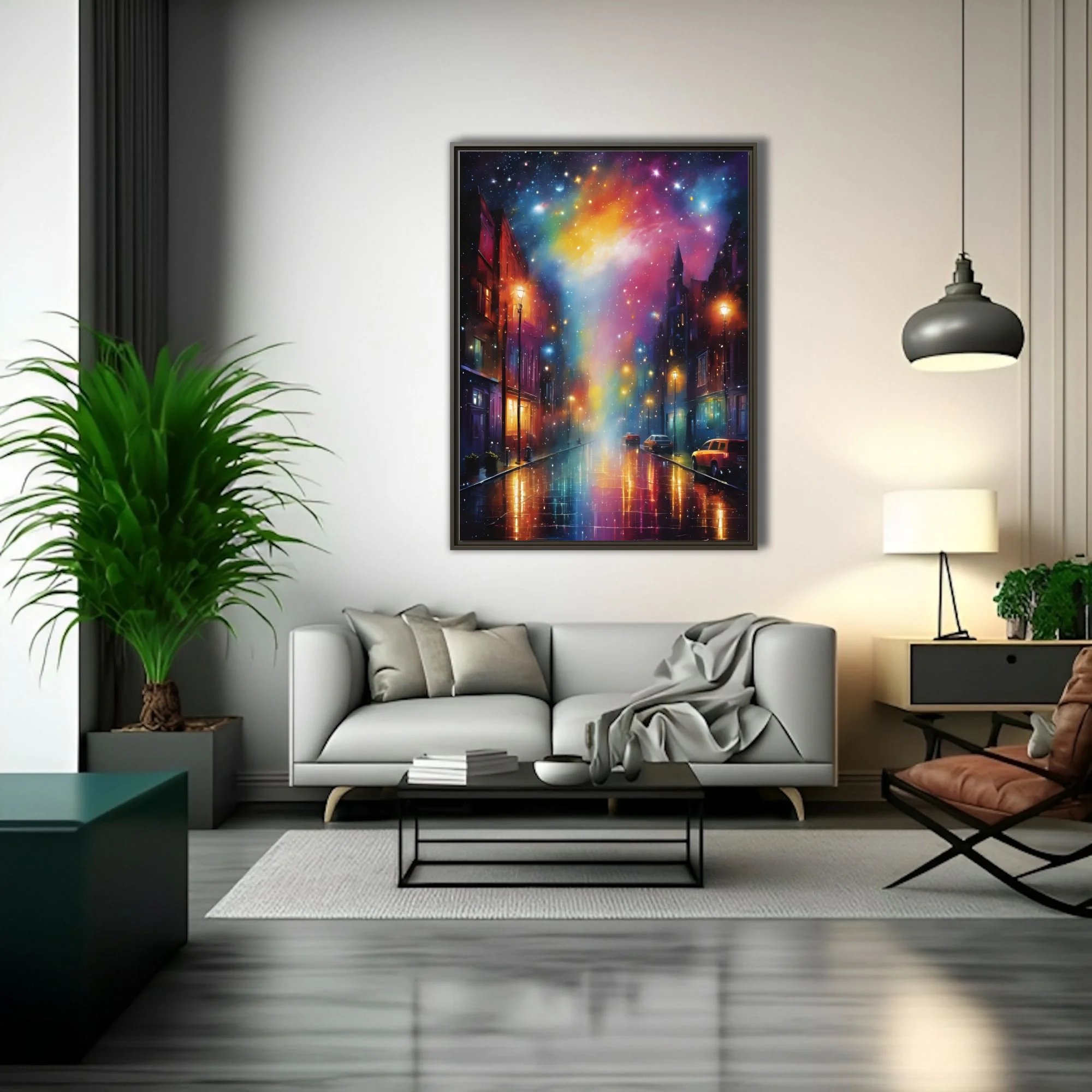 Dreamlike night cityscape with cosmic nebula sky and rain-reflective street lights