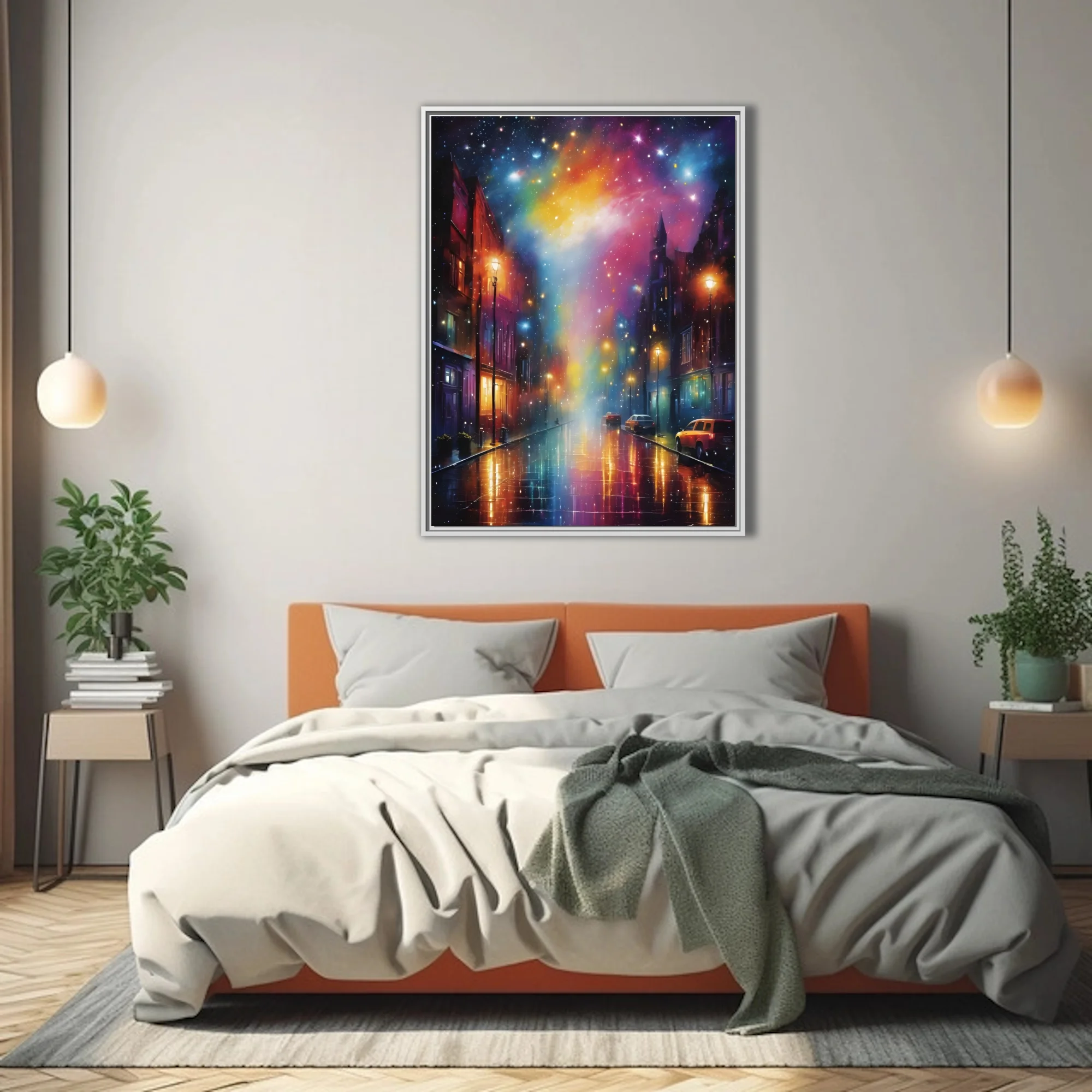 Dreamlike night cityscape with cosmic nebula sky and rain-reflective street lights