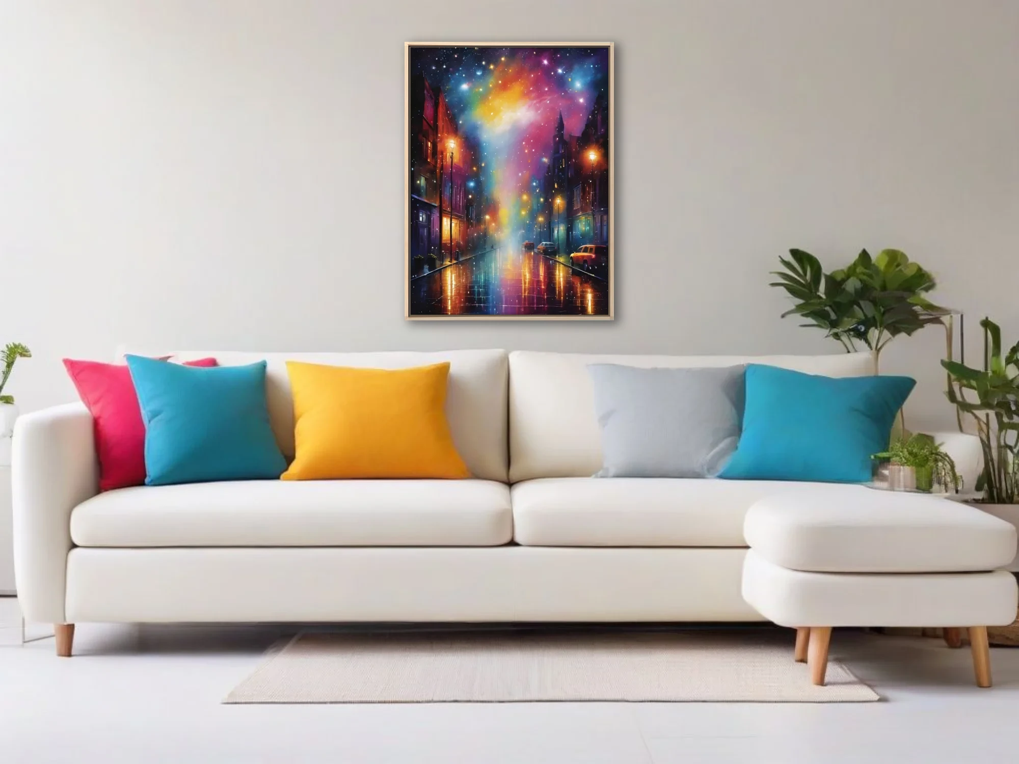 Dreamlike night cityscape with cosmic nebula sky and rain-reflective street lights