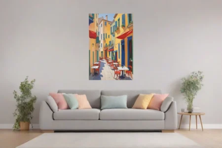 Colorful Provençal café alley scene with yellow facades, red awnings, strokes