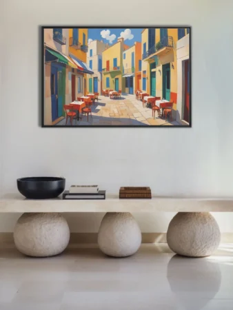 Vibrant Mediterranean café street scene with bold colors and sunny outdoor tables