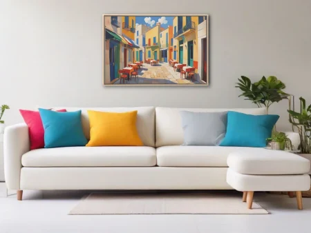 Vibrant Mediterranean café street scene with bold colors and sunny outdoor tables