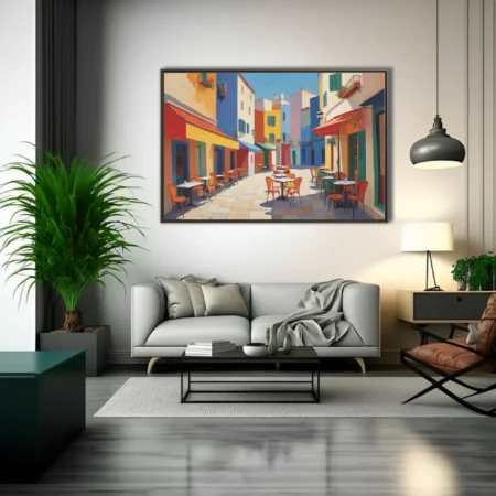 Intensely colored Mediterranean café street scene, saturated colors, outdoor terrace
