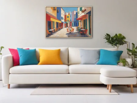 Intensely colored Mediterranean café street scene, saturated colors, outdoor terrace