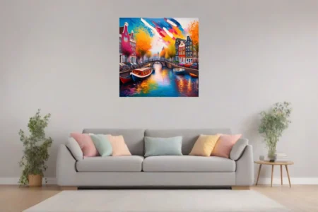 Vibrant Amsterdam canal scene with gabled houses, boats, bridge and autumn trees