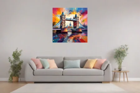 Vivid expressive London Tower Bridge cityscape in sunset oranges, magentas and cobalt with bold strokes