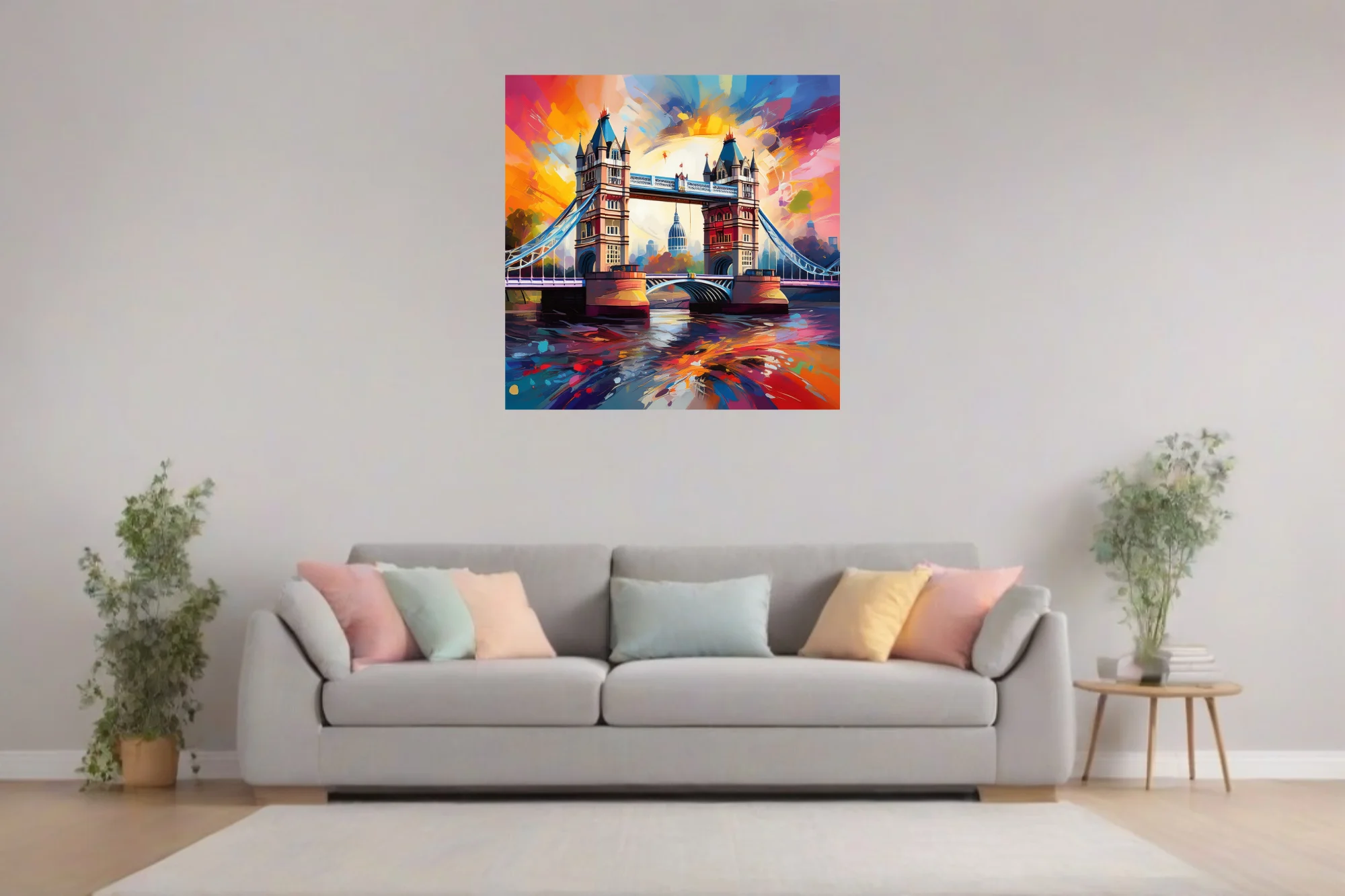 Vivid expressive London Tower Bridge cityscape in sunset oranges, magentas and cobalt with bold strokes