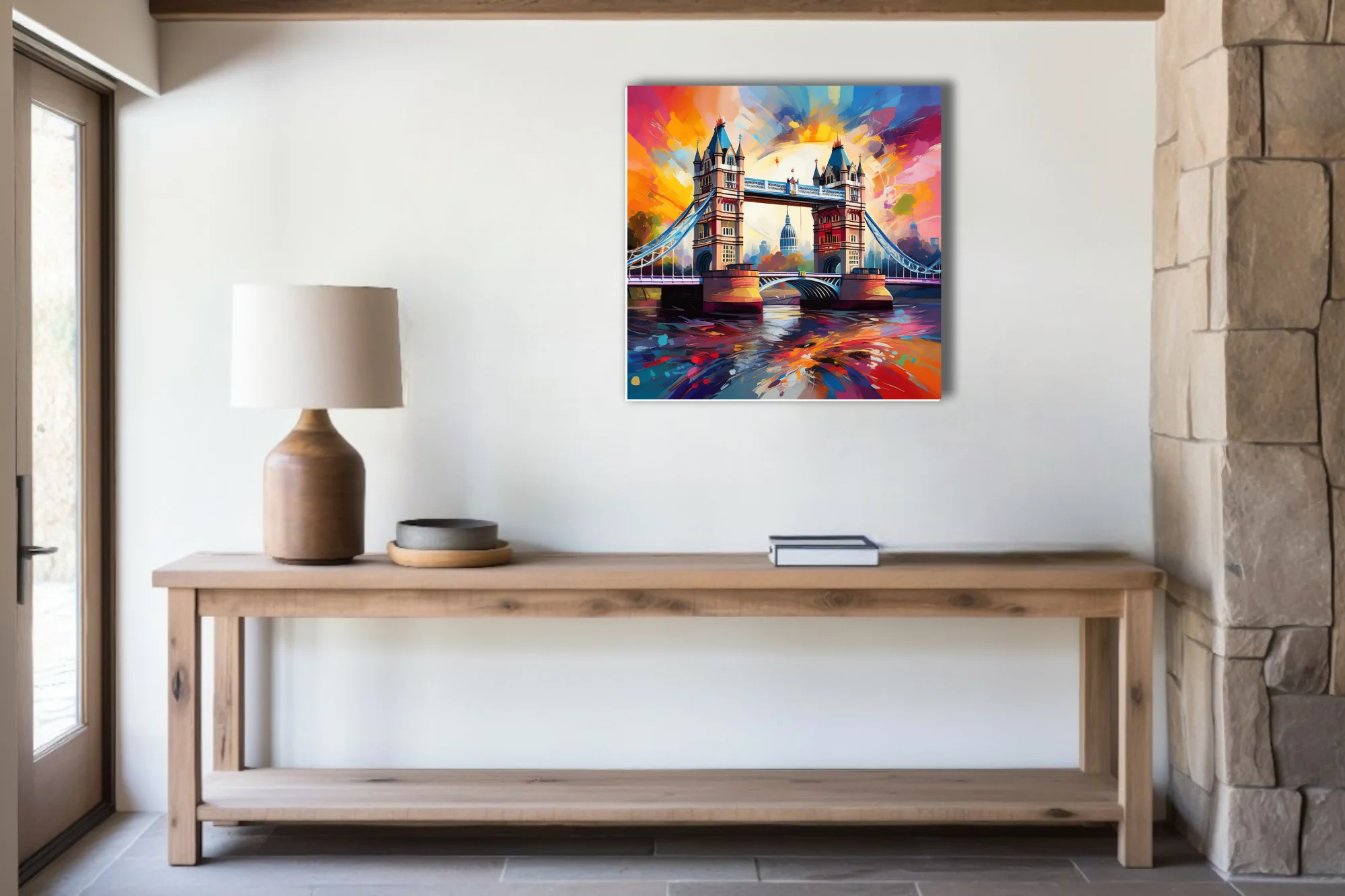 Vivid expressive London Tower Bridge cityscape in sunset oranges, magentas and cobalt with bold strokes