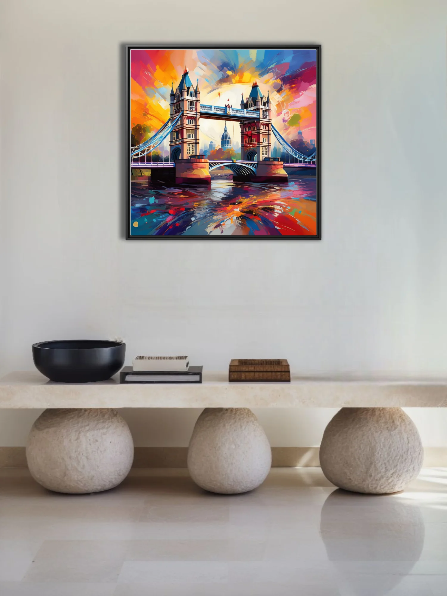 Vivid expressive London Tower Bridge cityscape in sunset oranges, magentas and cobalt with bold strokes