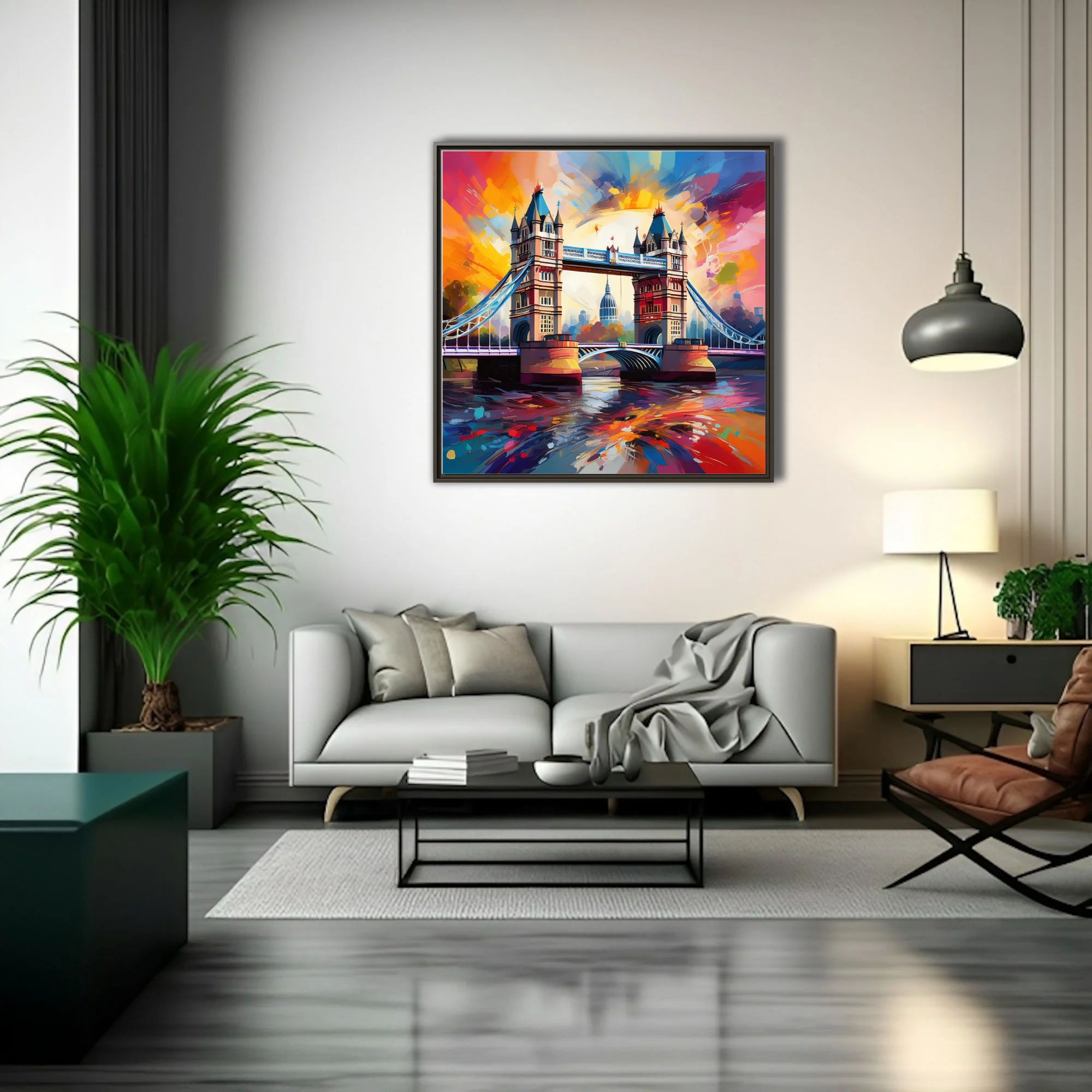 Vivid expressive London Tower Bridge cityscape in sunset oranges, magentas and cobalt with bold strokes