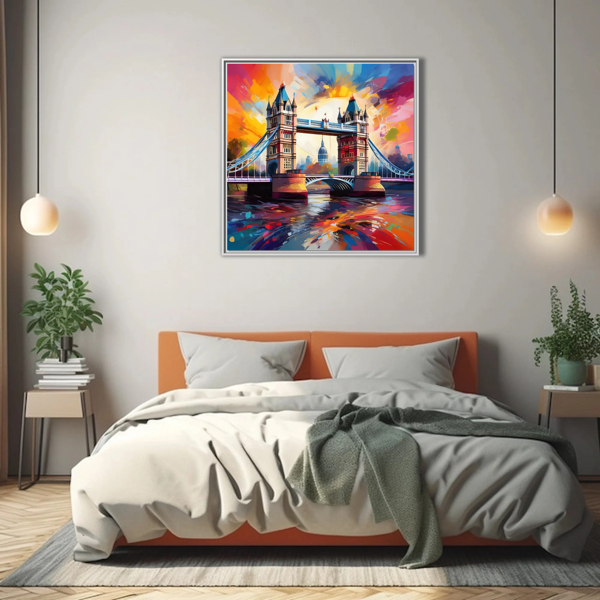 Vivid expressive London Tower Bridge cityscape in sunset oranges, magentas and cobalt with bold strokes