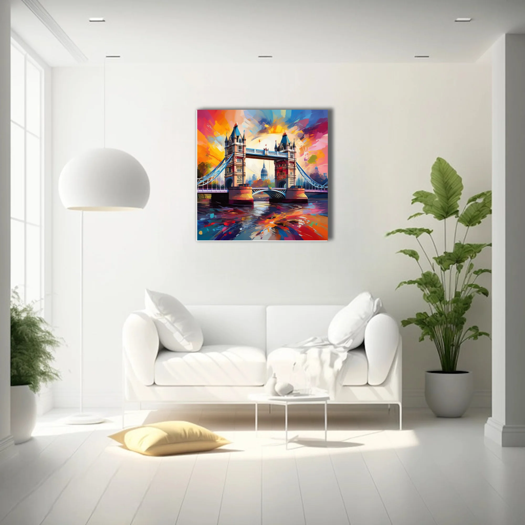Vivid expressive London Tower Bridge cityscape in sunset oranges, magentas and cobalt with bold strokes