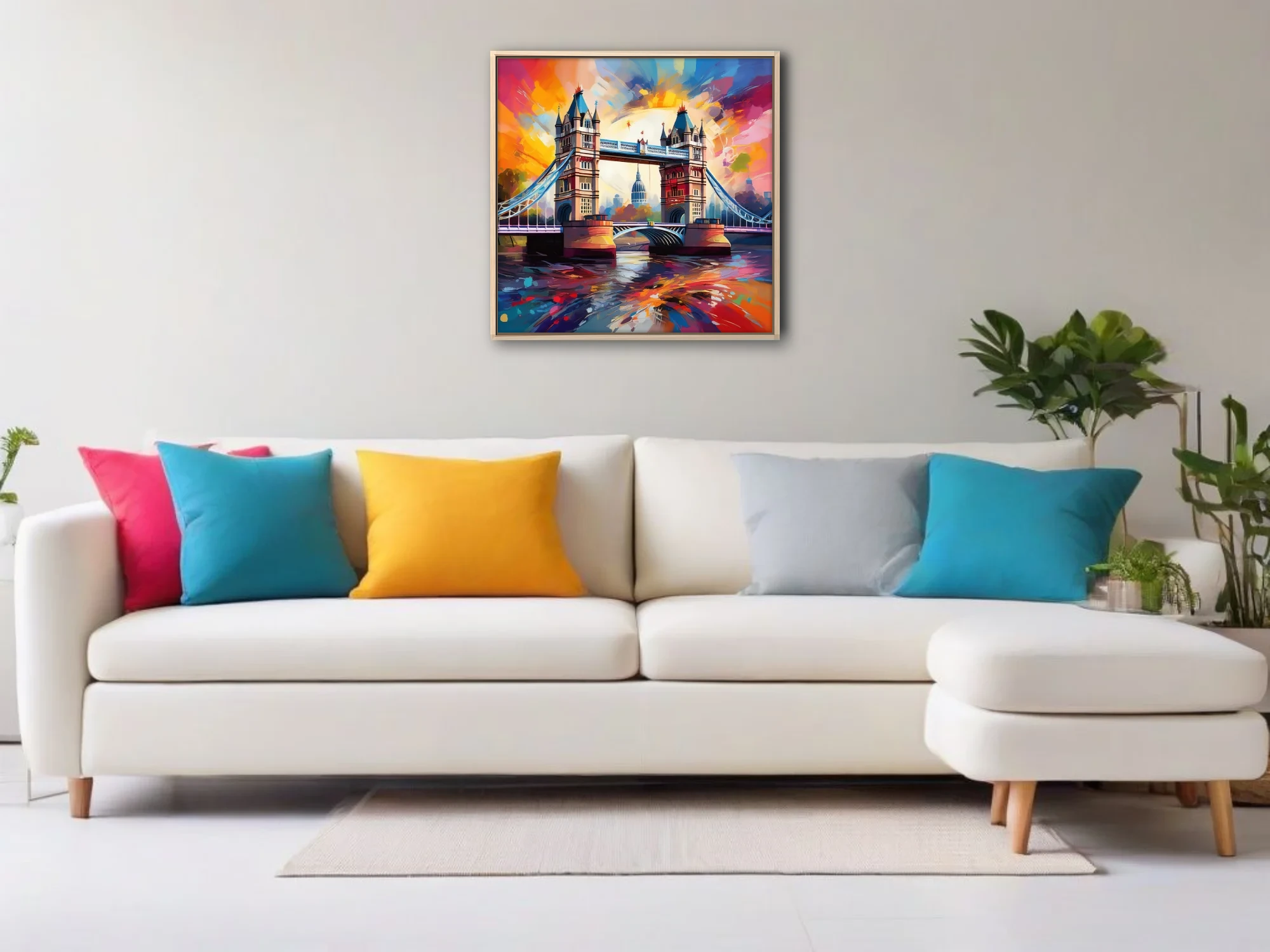 Vivid expressive London Tower Bridge cityscape in sunset oranges, magentas and cobalt with bold strokes