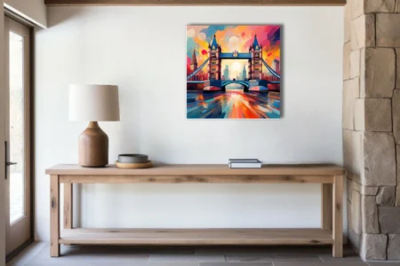 Vibrant painterly London Tower Bridge cityscape at sunset, bold strokes in red, blue, gold
