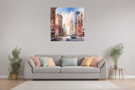 Watercolor-style cityscape with terracotta buildings, pastel sky, and downtown street scene