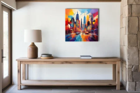 Expressive cityscape with skyscrapers and rain-slicked street in bold reds, oranges, and blues