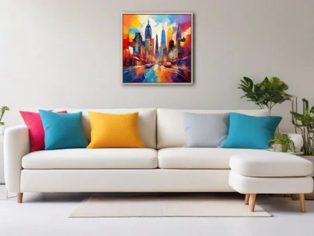 Expressive cityscape with skyscrapers and rain-slicked street in bold reds, oranges, and blues