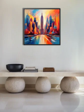 Vibrant expressive New York skyline with skyscraper, bold strokes in fiery orange and blue